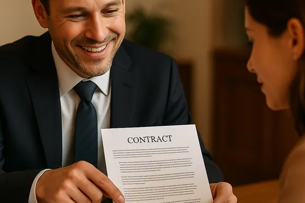 a lemon law lawyer smiling as he shows a contract to a woman from EZ Lemon Law Lawyer in Arlington, TX - Arlington TX a lemon law lawyer smiling as he shows a contract to a woman from EZ Lemon Law Lawyer in Arlington, TX - Arlington TX