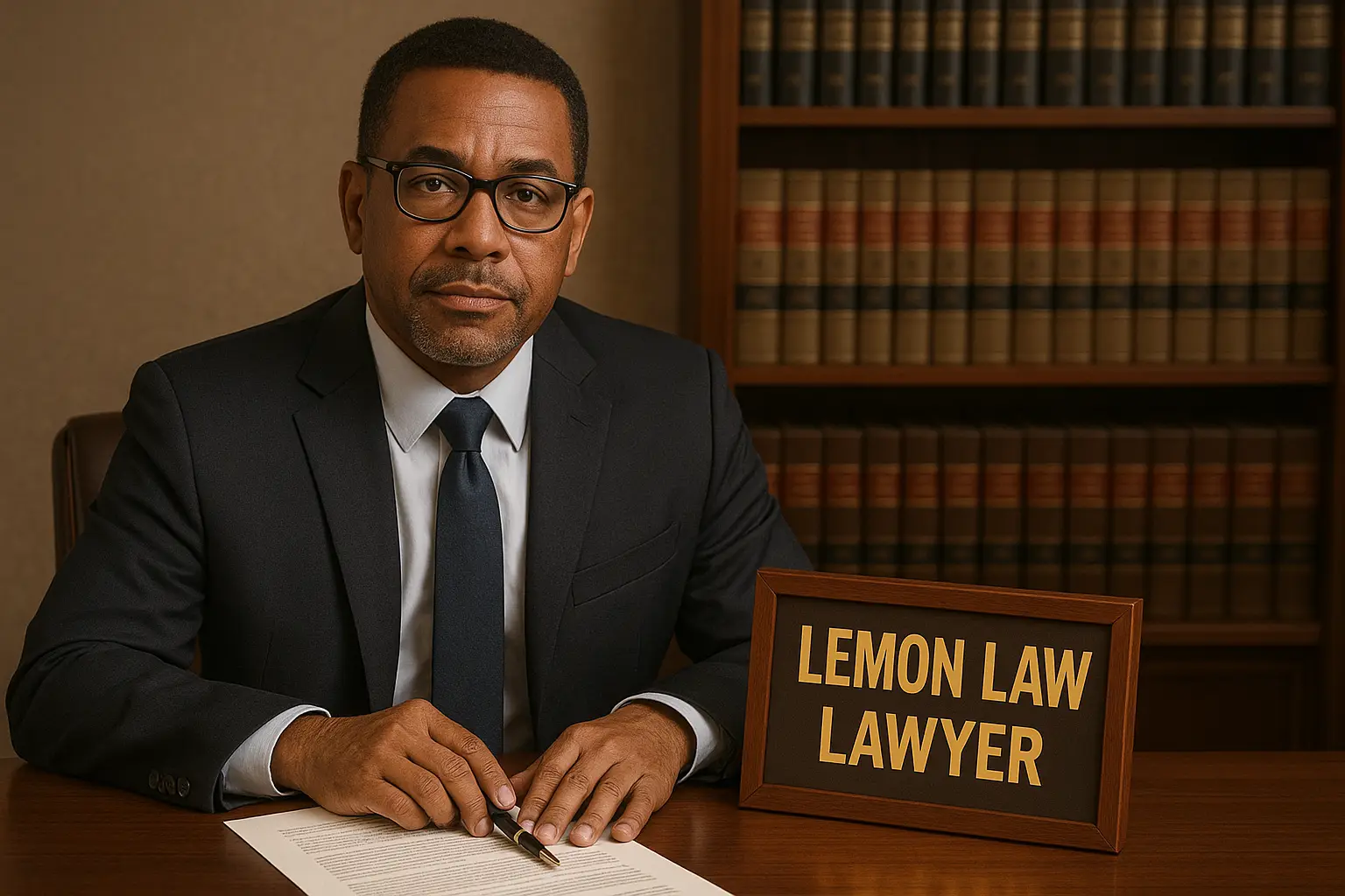 a lawyer sitting at his desk with a sign next to him that says lemon law from EZ Lemon Law Lawyer in Fort Worth, TX - Car warranty lawyers