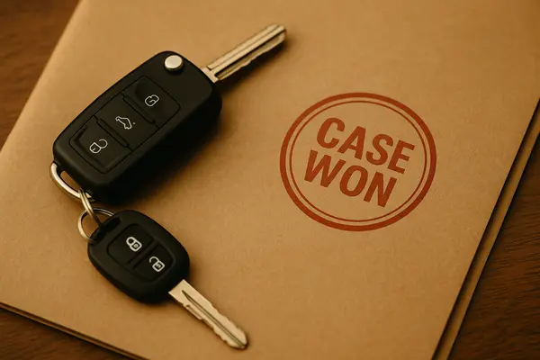 a set of keys on top of a folder that says case won from EZ Lemon Law Lawyer in Fort Worth, TX - Car warranty lawyers