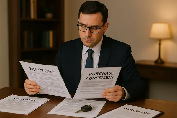 a lemon law lawyer in his office reading a bill of sale and purchase agreement from EZ Lemon Law Lawyer in Dallas, TX - Dallas TX a lemon law lawyer in his office reading a bill of sale and purchase agreement from EZ Lemon Law Lawyer in Dallas, TX - Dallas TX