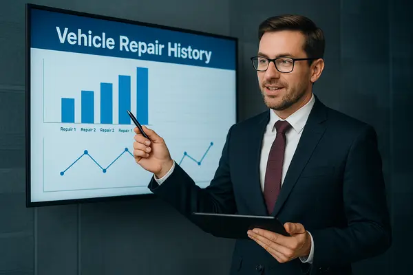 a lawyer giving a presentation with statistics on vehicle repair history from EZ Lemon Law Lawyer in Fort Worth, TX a lawyer giving a presentation with statistics on vehicle repair history from EZ Lemon Law Lawyer in Fort Worth, TX
