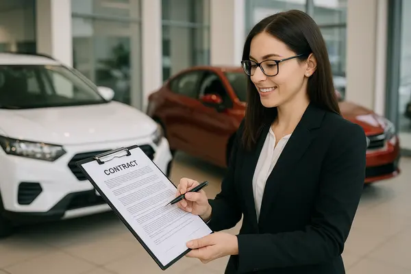 a female representative holding a contract at a car dealership from EZ Lemon Law Lawyer in Fort Worth, TX a female representative holding a contract at a car dealership from EZ Lemon Law Lawyer in Fort Worth, TX