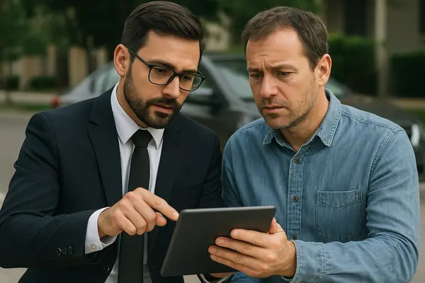 a lawyer with an iPad explaining something to his client from EZ Lemon Law Lawyer in Irving, TX - Irving TX a lawyer with an iPad explaining something to his client from EZ Lemon Law Lawyer in Irving, TX - Irving TX
