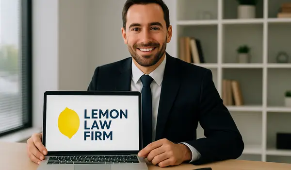 a lawyer in his office showing a laptop screen that says lemon law firm from EZ Lemon Law Lawyer in Keller, TX - Keller TX a lawyer in his office showing a laptop screen that says lemon law firm from EZ Lemon Law Lawyer in Keller, TX - Keller TX