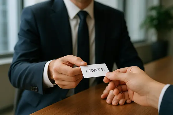 a lawyer handing a man a business card from EZ Lemon Law Lawyer in Fort Worth, TX - lemon law buyback