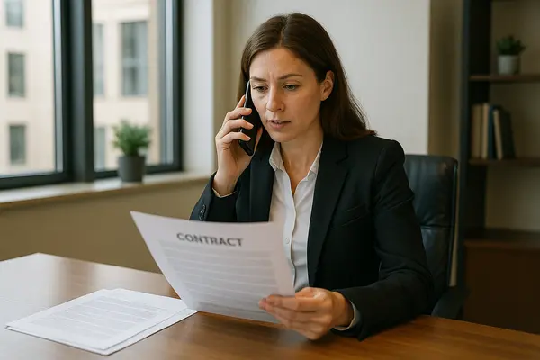 a female lawyer talking on her phone while holding a legal document from EZ Lemon Law Lawyer in Fort Worth, TX - Lemon law for Ford a female lawyer talking on her phone while holding a legal document from EZ Lemon Law Lawyer in Fort Worth, TX - Lemon law for Ford