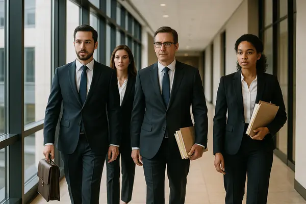 4 lawyers walking down the hallway of a building from EZ Lemon Law Lawyer in Fort Worth, TX - Lemon law for Ford 4 lawyers walking down the hallway of a building from EZ Lemon Law Lawyer in Fort Worth, TX - Lemon law for Ford
