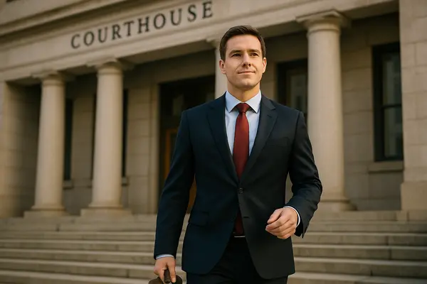a lawyer walking down the stairs of a courthouse entrance from EZ Lemon Law Lawyer in Fort Worth, TX - Lemon law for GMC