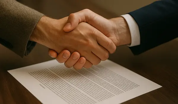 2 hands shaking to close a deal with a legal document underneath them from EZ Lemon Law Lawyer in Fort Worth, TX - Lemon law for Honda