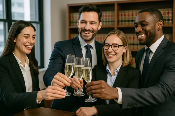 4 lawyers celebrating a won case with champagne from EZ Lemon Law Lawyer in Fort Worth, TX - Lemon law for Honda