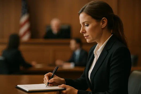 a female lawyer writing in her notes in a courtroom from EZ Lemon Law Lawyer in Fort Worth, TX - Lemon law for Honda