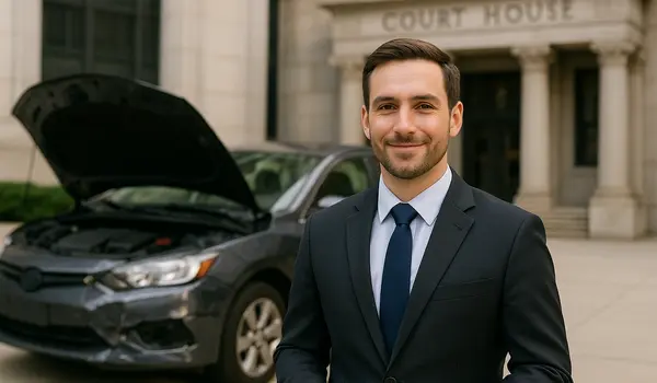 a male lawyer smiling at the camera with a lemon car in the background from EZ Lemon Law Lawyer in Fort Worth, TX - Lemon Law in Texas a male lawyer smiling at the camera with a lemon car in the background from EZ Lemon Law Lawyer in Fort Worth, TX - Lemon Law in Texas
