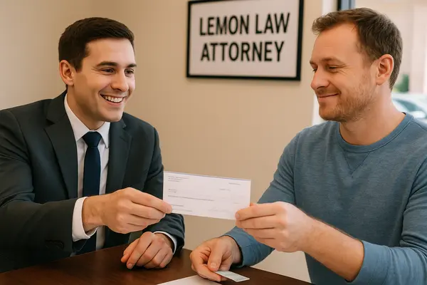 a lemon law lawyer handing a check to his customer after winning his case from EZ Lemon Law Lawyer in Fort Worth, TX - Lemon Law in Texas a lemon law lawyer handing a check to his customer after winning his case from EZ Lemon Law Lawyer in Fort Worth, TX - Lemon Law in Texas