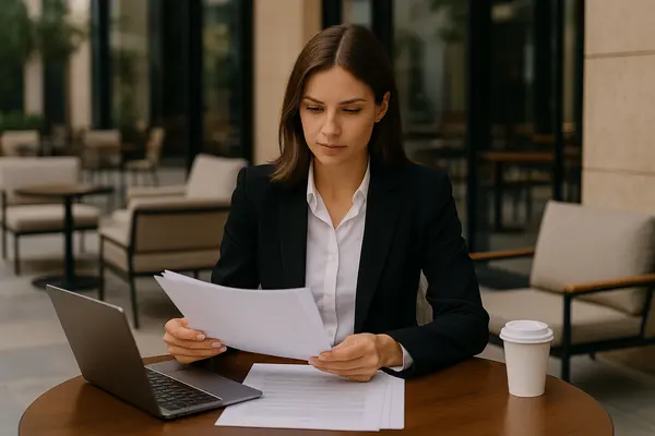 a female lawyer reading a document outside a coffee shop from EZ Lemon Law Lawyer in Weatherford, TX - Weatherford TX